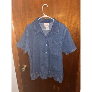 VTG Quacker Factory Women’s Denim Button Up Shirt Size XL Cotton Blend Sequin
